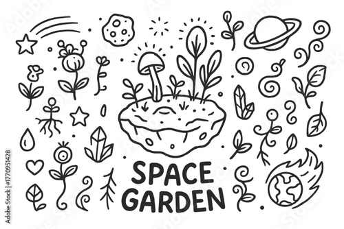 Cosmic Garden Doodle. Space garden. Hand-drawn doodle illustration of space garden. In the middle, one