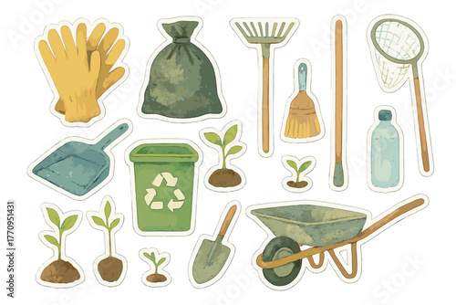 Watercolor Volunteer Essentials. Environmental volunteer kit. Realistic hand-painted watercolor style sticker