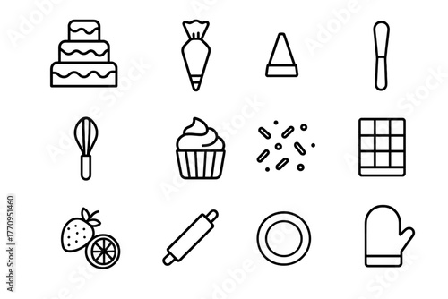 Cake Art Icon Set. Cake artistry. Line outline icon set of cake artistry: tiered cake, frosting bag, piping