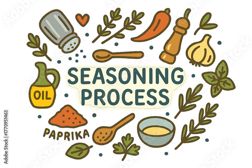 Colorful Seasoning Doodles. Seasoning Process. Hand-drawn doodle illustration of seasoning process. Salt