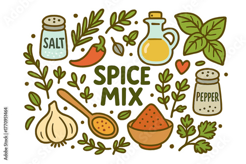 Spice Mix Doodle. Spice Mix. Hand-drawn doodle illustration of spice mix. Salt, pepper, herbs, spices, spoon,