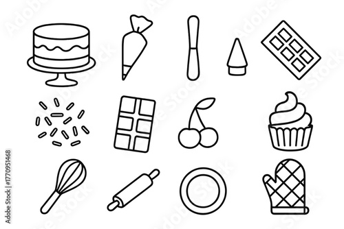 Cake Decorating Icons. Cake decoration. Line outline icon set of cake decoration: cake, frosting bag, spatula,