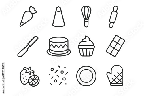 Cake Workshop Icons. Cake workshop. Line outline icon set of cake workshop: frosting bag, piping tip, whisk,