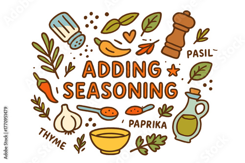 Flavorful Seasoning Doodle. Adding Seasoning. Hand-drawn doodle illustration of adding seasoning. Salt shaker,