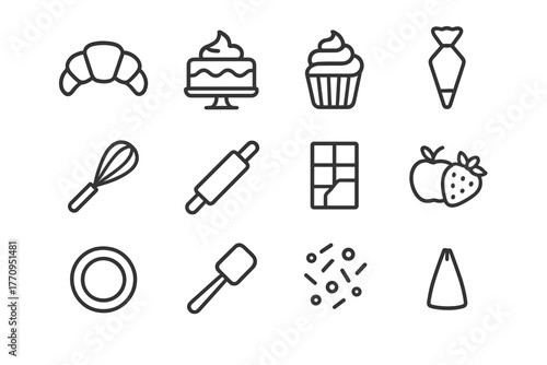 Pastry Icon Collection. Pastry artistry. Line outline icon set of pastry artistry: croissant, cake, cupcake,