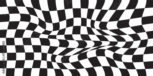 Abstract black and white checkerboard background with patterned waves.
