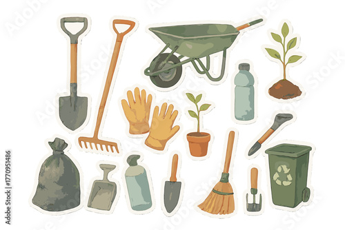 Forest Restoration Stickers. Forest restoration kit. Realistic hand-painted watercolor style sticker sheet of