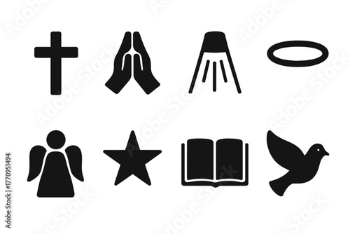 Faith Icons Set. Faith and guidance. Filled icon set of faith and guidance: cross, praying hands, light beam,