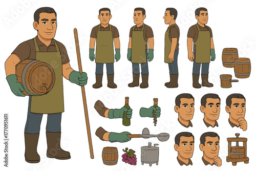 Winemaker Character Design. Cartoon realistic vector illustration, Character constructor style, isolated