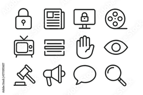 Content Restriction Icons. Content restriction. Line outline icon set of content restriction: lock, newspaper,