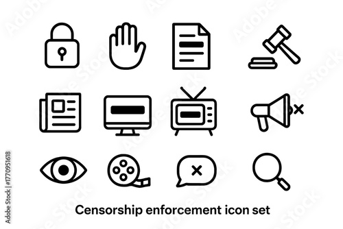 Censorship Icon Set. Censorship enforcement. Line outline icon set of censorship enforcement: lock, hand stop
