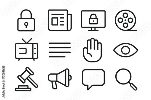 Content Restriction Icons. Content restriction. Line outline icon set of content restriction: lock, newspaper,