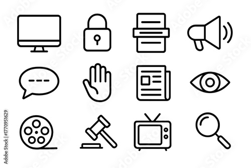 Digital Censorship Icons. Digital censorship. Line outline icon set of digital censorship: computer screen,