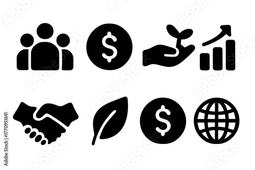 Community Funding Icons. Community funding. Filled icon set of community funding: group of people, coin, hand