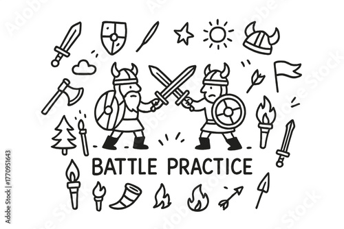 Viking Battle Doodles. Battle practice. Hand-drawn doodle illustration of battle practice. In the middle, one
