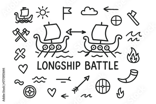 Viking Longship Skirmish. Longship battle. Hand-drawn doodle illustration of longship battle. In the middle,
