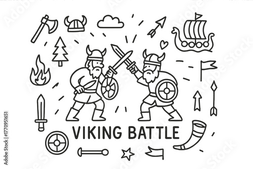 Viking Battle Doodle. Historical reenactment of Viking battles. Hand-drawn doodle illustration of historical