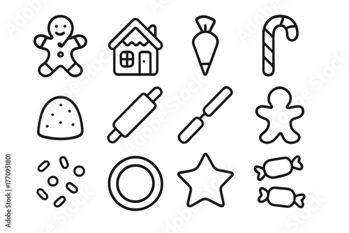 Holiday Baking Icons. Holiday baking. Line outline icon set of holiday baking: gingerbread man, house, icing
