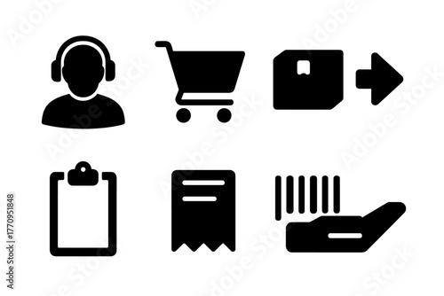 Customer Service Icons. Customer service. Filled icon set of customer service: headset, shopping cart, box,