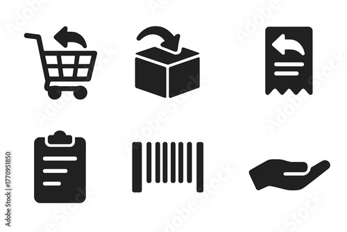 Returned Items Icons. Returned items cart. Filled icon set of returned items cart: shopping cart, box, package