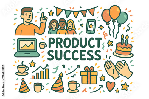 Product Success Celebration. Product Success. Hand-drawn doodle illustration of product success. Founder, team