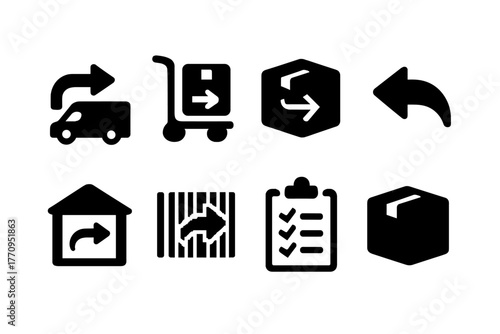 Reverse Logistics Icons. Reverse logistics. Filled icon set of reverse logistics: truck, cart, box, arrow back