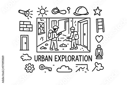 Urban Exploration Adventure. Urban exploration. Hand-drawn doodle illustration of urban exploration. In the