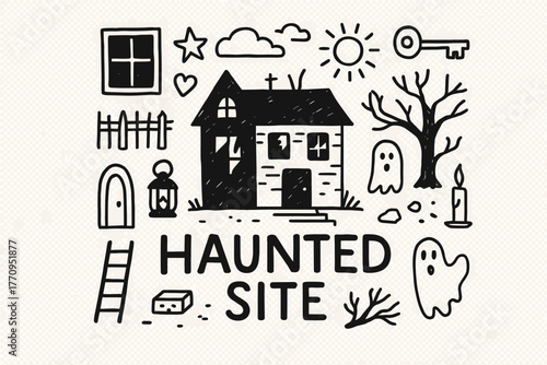 Haunted House Doodles. Haunted site. Hand-drawn doodle illustration of haunted site. In the middle, one