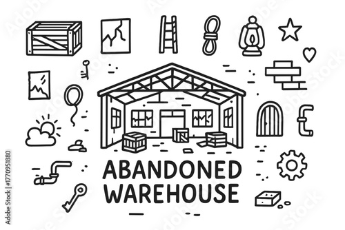 Doodle Abandoned Warehouse. Abandoned warehouse. Hand-drawn doodle illustration of abandoned warehouse. In the