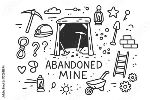 Abandoned Mine Doodle. Abandoned mine. Hand-drawn doodle illustration of abandoned mine. In the middle, one