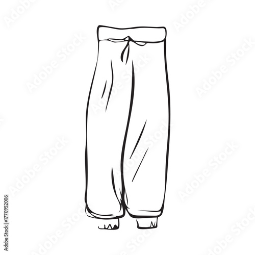 Sketch Doodle of Sweatpants. Simple outline Trousers for dance, sports. Fashionable drawing of straight Pants. Black and white hand-drawn pencil clothing. Isolated. Contour. Vector illustration