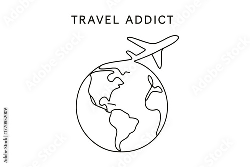 Minimalist Travel Globe. Travel Addict. minimalistic one-line drawing of a globe with a plane flying above,