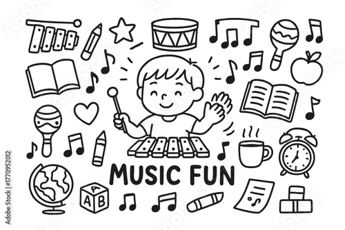 Doodle Music Fun. Music and rhythm. Hand-drawn doodle illustration of music and rhythm. In the middle, one