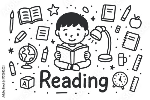 Reading Time Doodle. Reading time. Hand-drawn doodle illustration of reading time. In the middle, one slightly