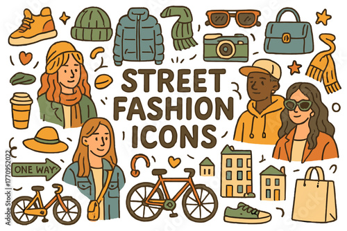Street Fashion Doodles. Street Fashion Icons. Hand-drawn doodle illustration of street fashion icons. Models,