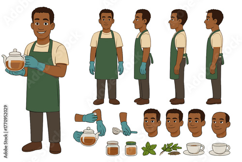 Tea Brewer Character Set. Cartoon realistic vector illustration, Character constructor style, isolated