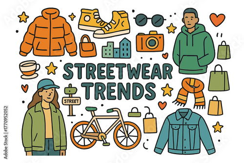 Urban Fashion Doodles. Streetwear Trends. Hand-drawn doodle illustration of streetwear trends. Jackets,