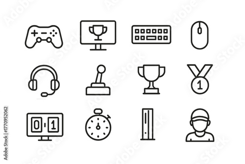 Gaming Icon Set. Gaming contest. Line outline icon set of gaming contest: game controller, monitor, keyboard,