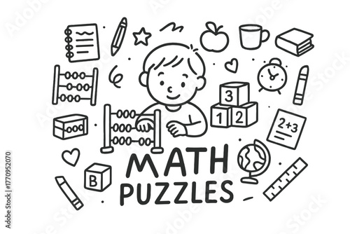 Math Doodle Fun. Math puzzles. Hand-drawn doodle illustration of math puzzles. In the middle, one slightly