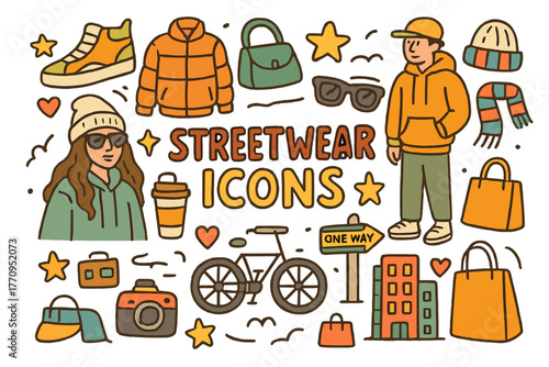 Streetwear Doodle Icons. Streetwear Icons. Hand-drawn doodle illustration of streetwear icons. Sneakers,