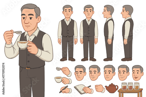 Tea Taster's Toolkit. Cartoon realistic vector illustration, Character constructor style, isolated transparent