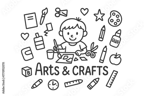 Creative Doodle Icons. Arts and crafts. Hand-drawn doodle illustration of arts and crafts. In the middle, one