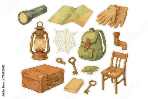 Watercolor Urban Exploration Kit. Urban exploration kit. Realistic hand-painted watercolor style sticker sheet