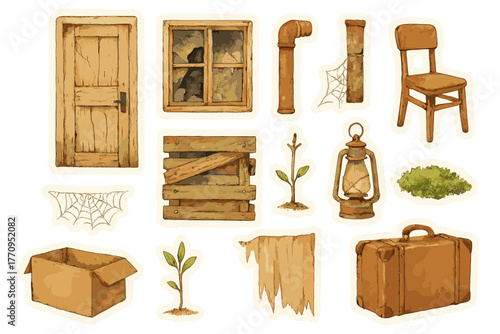 Watercolor Abandoned Details. Abandoned building details. Realistic hand-painted watercolor style sticker