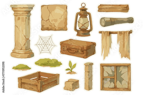 Watercolor Ruin Stickers. Historic ruin collection. Realistic hand-painted watercolor style sticker sheet of