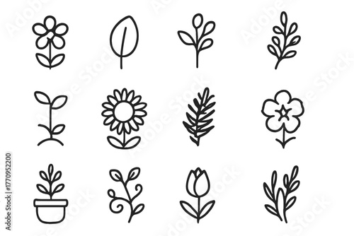 Nature Icon Set. Nature vibe package design. Line outline icon set of nature vibe package design with flowers