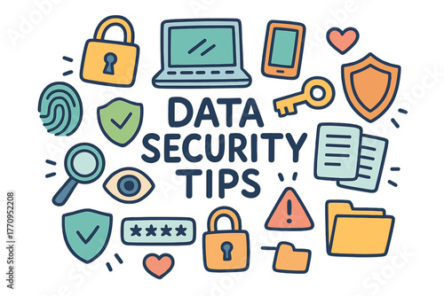 Data Security Doodles. Data Security Tips. Hand-drawn doodle illustration of data security tips. Padlock,