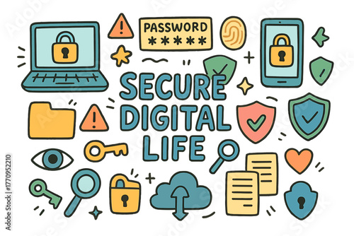 Secure Digital Icons. Secure Digital Life. Hand-drawn doodle illustration of secure digital life. Laptop,
