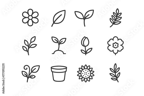 Eco Design Icons. Eco-design elements. Line outline icon set of eco-design elements: flower, leaf, plant, fern