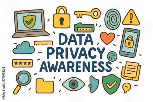 Data Privacy Doodle. Data Privacy Awareness. Hand-drawn doodle illustration of data privacy awareness. Laptop,